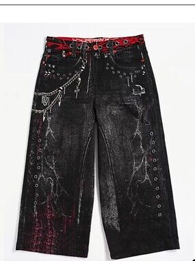 Vitriol Black Distressed Wide-Leg Jeans with Red Belt Detail